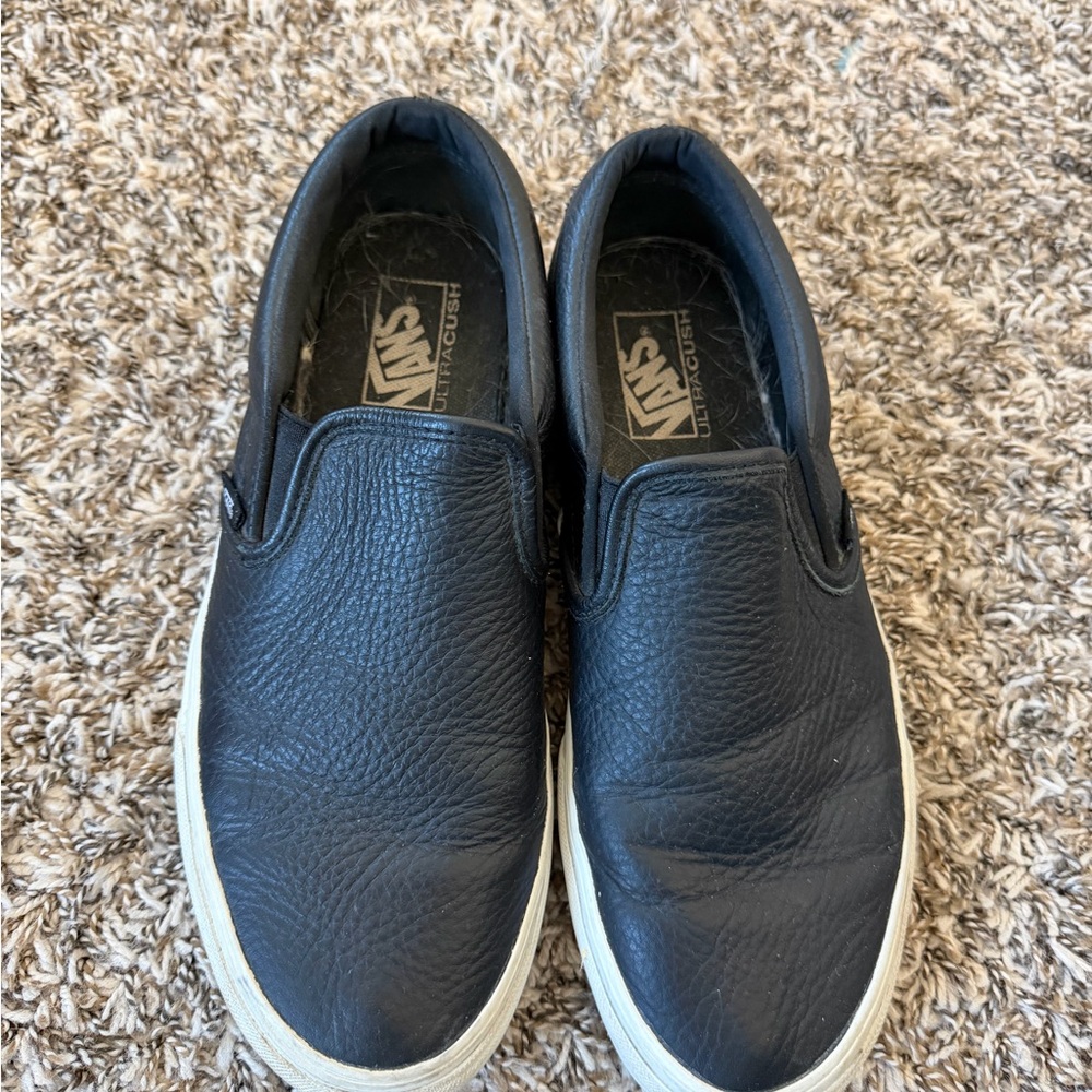Vans Black Leather Slip-On Sneakers